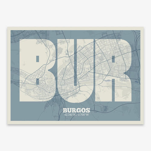 Mapa de Burgos en mi diseño la Súper Bold, un póster tipográfico donde el mapa de la ciudad se fusiona con una tipografía extra gruesa para un impacto visual moderno diseñado en gris azulado y fondo blanco roto