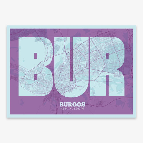 Mapa de Burgos en mi diseño la Súper Bold, un póster tipográfico donde el mapa de la ciudad se fusiona con una tipografía extra gruesa para un impacto visual moderno diseñado en púrpura y azul claro