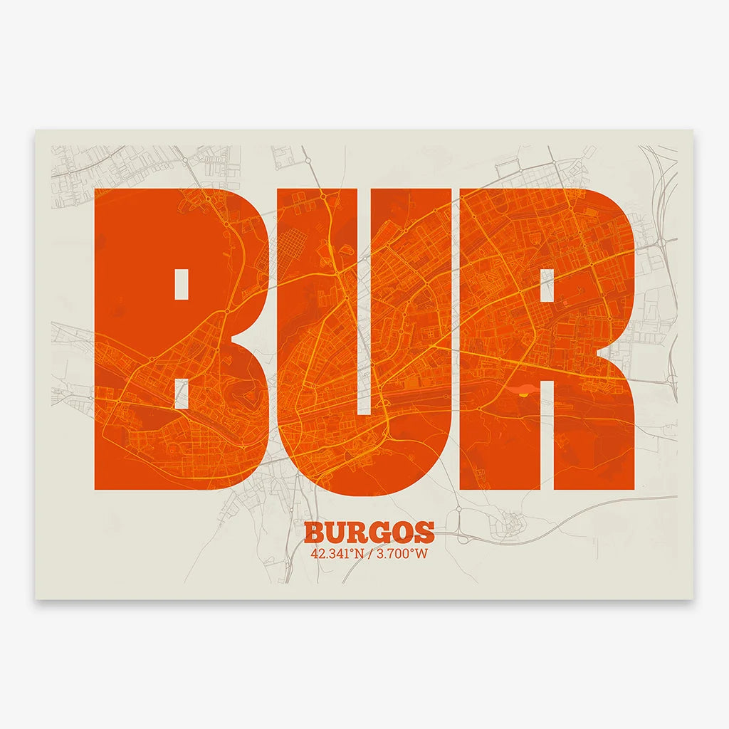 Decorative print of  composed with letters in a heavy geometric font printed on orange and an off-white background
