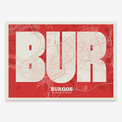 The map of Burgos composed with letters in a heavy geometric font printed on red and an off-white background