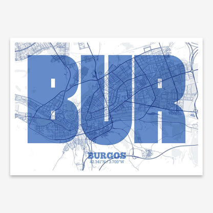 The map of Burgos composed with letters in a heavy geometric font printed on navy blue and white