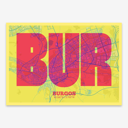 The map of Burgos composed with letters in a heavy geometric font printed on yellow and fuchsia
