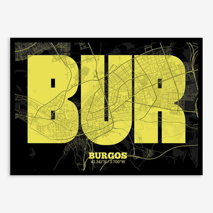 The map of Burgos composed with letters in a heavy geometric font printed on black and yellow