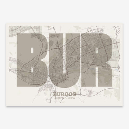 The map of Burgos composed with letters in a heavy geometric font printed on light brown and an off-white background