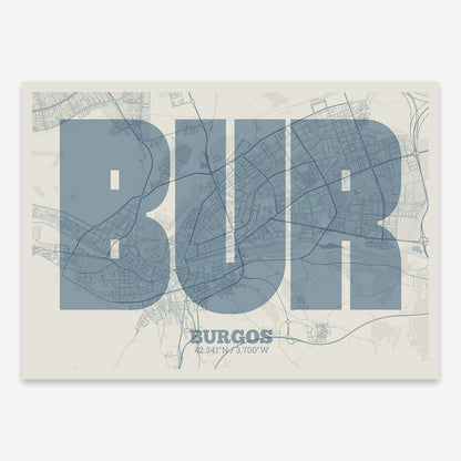 The map of Burgos composed with letters in a heavy geometric font printed on bluish gray and an off-white background