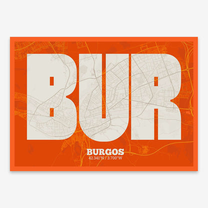 The map of Burgos composed with letters in a heavy geometric font printed on orange and an off-white background