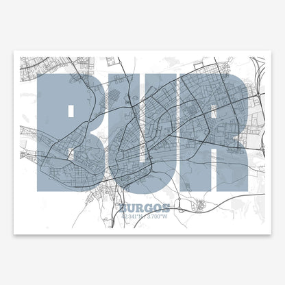 The map of Burgos composed with letters in a heavy geometric font printed on black and white