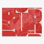 Poster of  composed with letters from its abbreviation or its airport IATA code printed on red and an off-white background