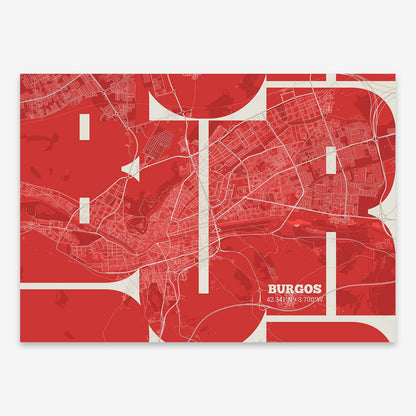 The map of Burgos composed with letters from its name or IATA code printed on red and an off-white background