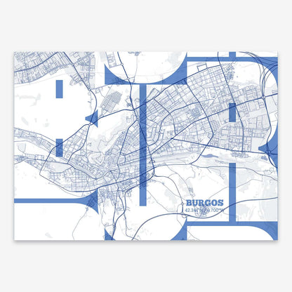 The map of Burgos composed with letters from its name or IATA code printed on navy blue and white