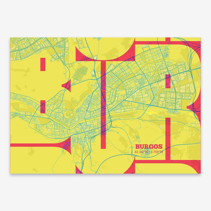 The map of Burgos composed with letters from its name or IATA code printed on yellow and fuchsia