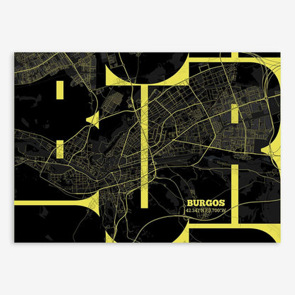The map of Burgos composed with letters from its name or IATA code printed on black and yellow