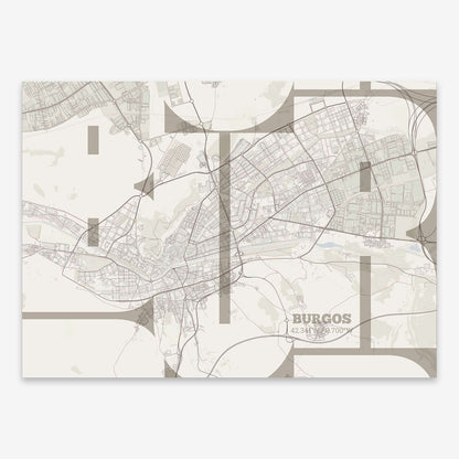 The map of Burgos composed with letters from its name or IATA code printed on light brown and an off-white background