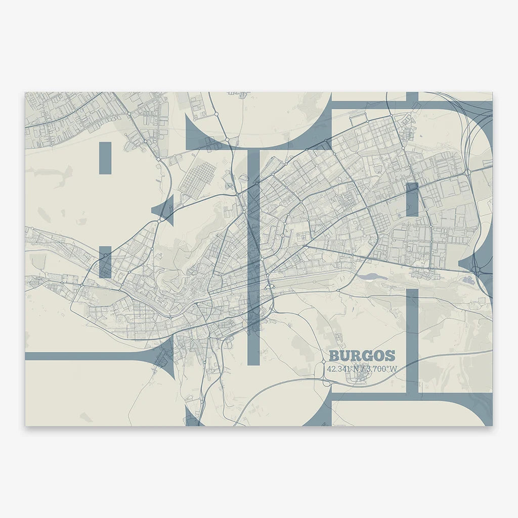 Poster of  composed with letters from its abbreviation or its airport IATA code printed on bluish gray and an off-white background