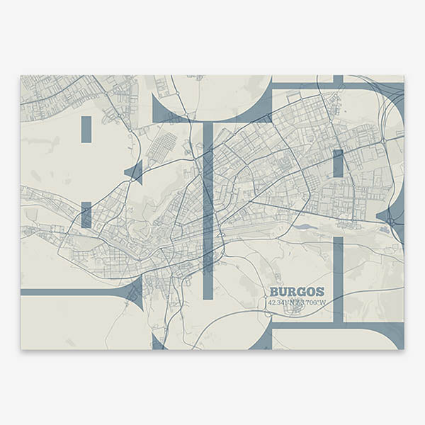 Poster of  composed with letters from its abbreviation or its airport IATA code printed on bluish gray and an off-white background