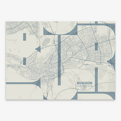 Poster of  composed with letters from its abbreviation or its airport IATA code printed on bluish gray and an off-white background