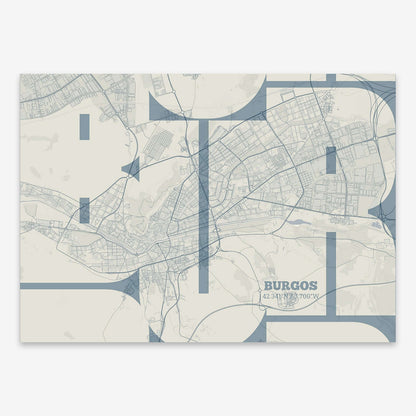 The map of Burgos composed with letters from its name or IATA code printed on bluish gray and an off-white background