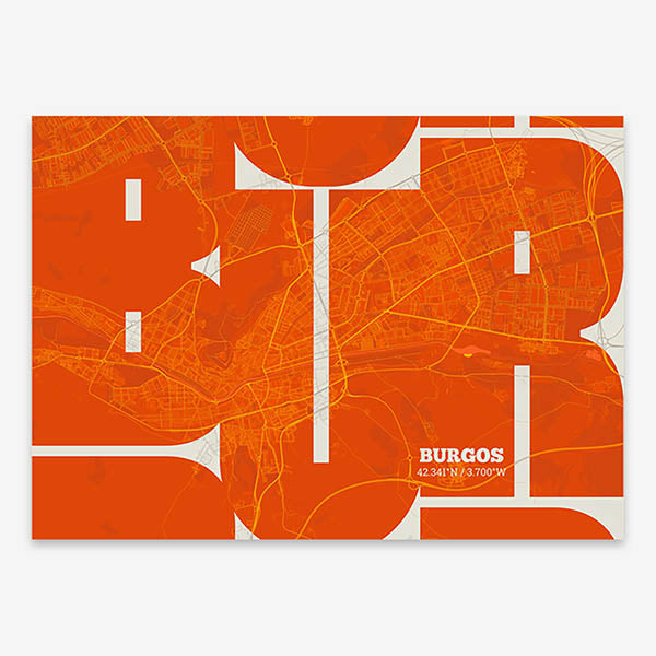 Poster of  composed with letters from its abbreviation or its airport IATA code printed on orange and an off-white background