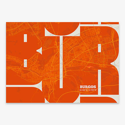 Poster of  composed with letters from its abbreviation or its airport IATA code printed on orange and an off-white background