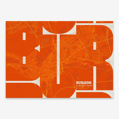 The map of Burgos composed with letters from its name or IATA code printed on orange and an off-white background