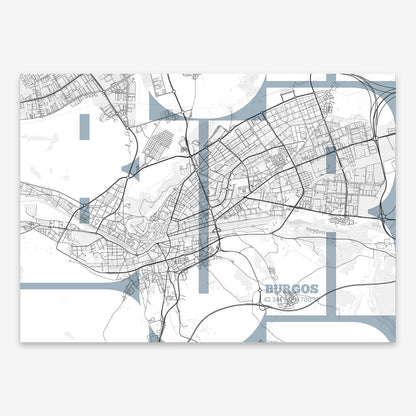 The map of Burgos composed with letters from its name or IATA code printed on black and white