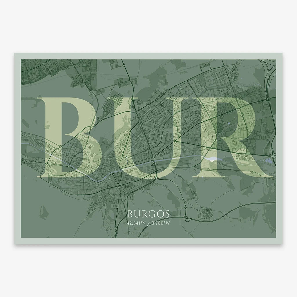 Decorative map of  composed with letters in serif font printed on two green tones