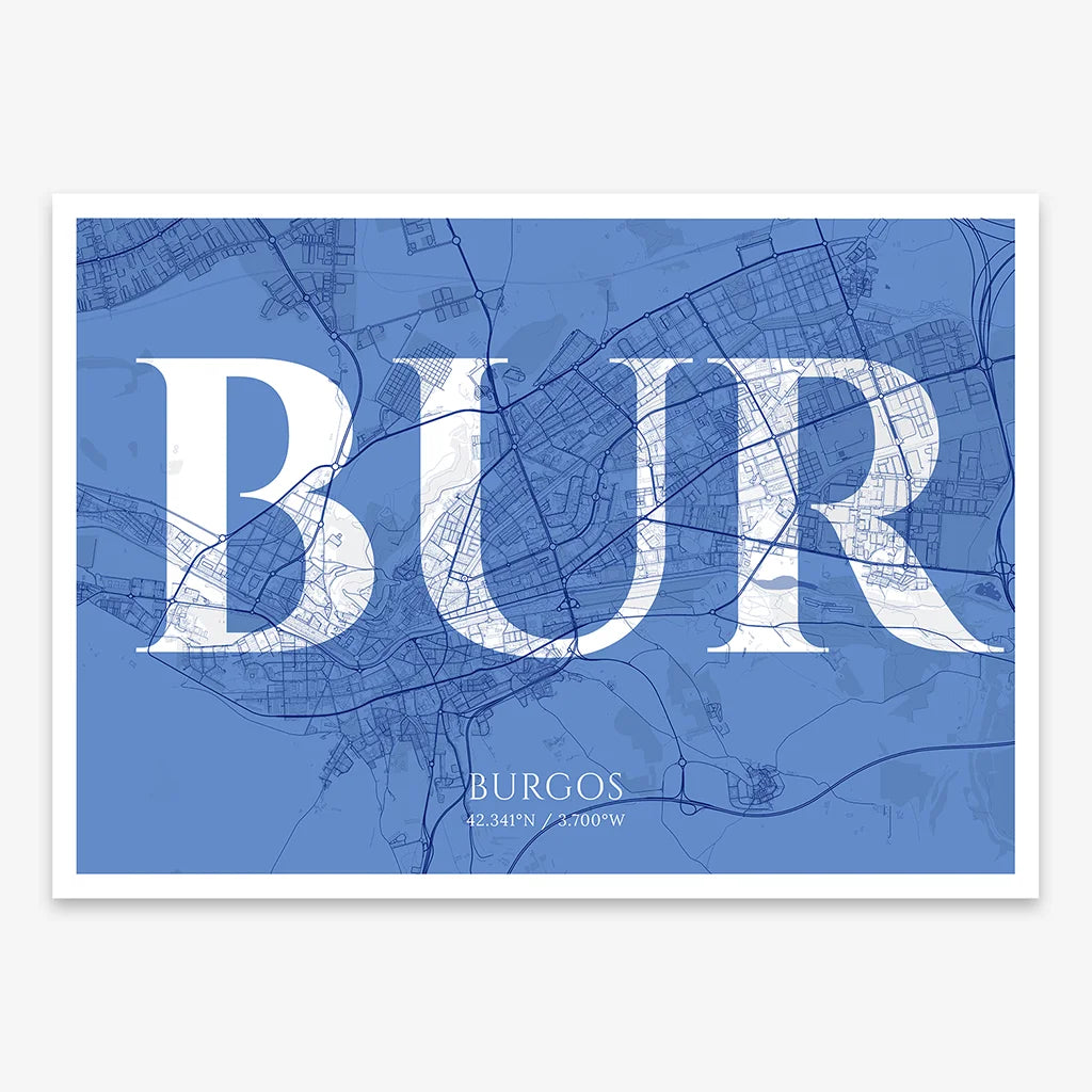 Decorative map of  composed with letters in serif font printed on navy blue and white