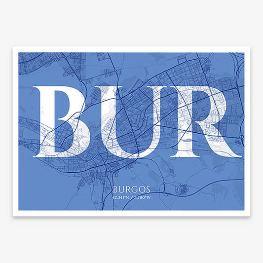 Decorative map of  composed with letters in serif font printed on navy blue and white