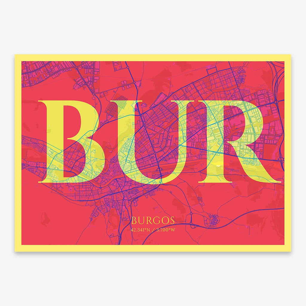 Decorative map of  composed with letters in serif font printed on yellow and fuchsia