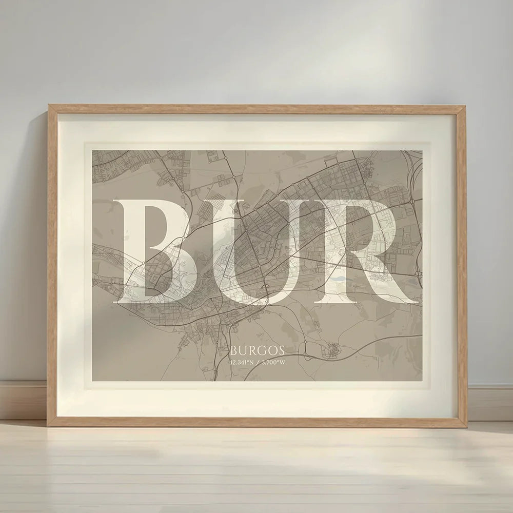 Framed Burgos in Classic design, inspired by chiseled typography with an elegant font that creates a beautiful visual contrast designed in light brown and an off-white background with a white margin border in a warm lit minimalist setting