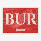 Decorative map of  composed with letters in serif font printed on red and an off-white background