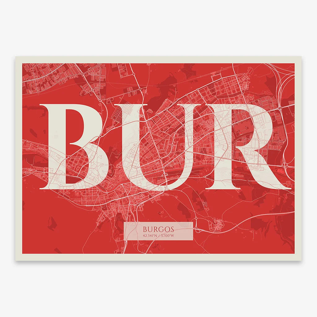 Decorative map of  composed with letters in serif font printed on red and an off-white background