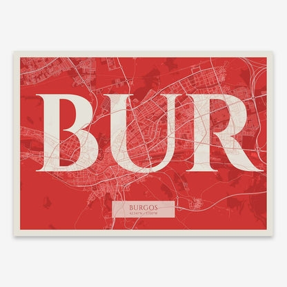 The map of Burgos composed with letters in serif font printed on red and an off-white background