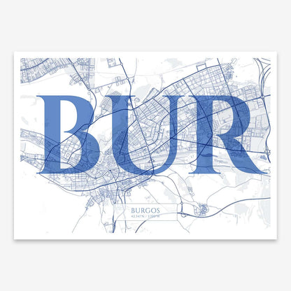 The map of Burgos composed with letters in serif font printed on navy blue and white