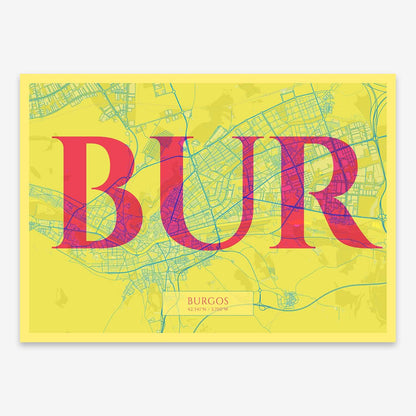 The map of Burgos composed with letters in serif font printed on yellow and fuchsia