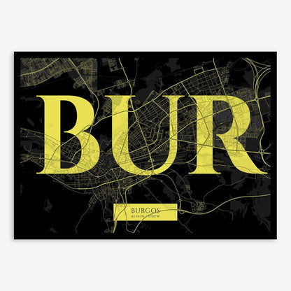 The map of Burgos composed with letters in serif font printed on black and yellow