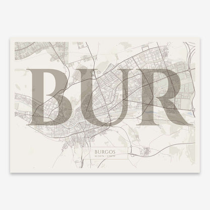 The map of Burgos composed with letters in serif font printed on light brown and an off-white background