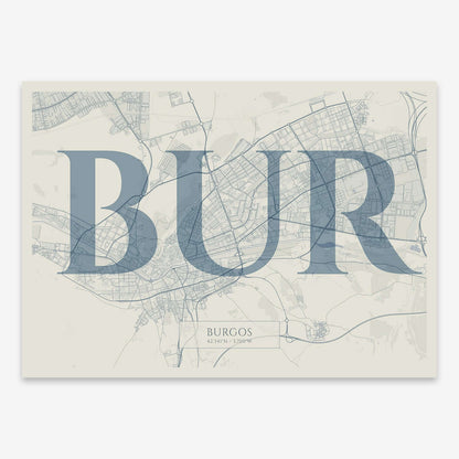The map of Burgos composed with letters in serif font printed on bluish gray and an off-white background