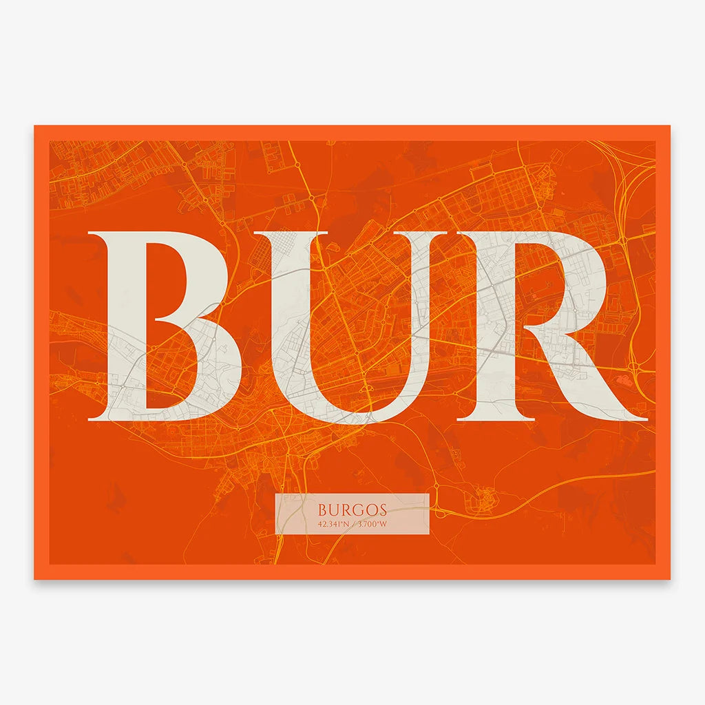 Decorative map of  composed with letters in serif font printed on orange and an off-white background