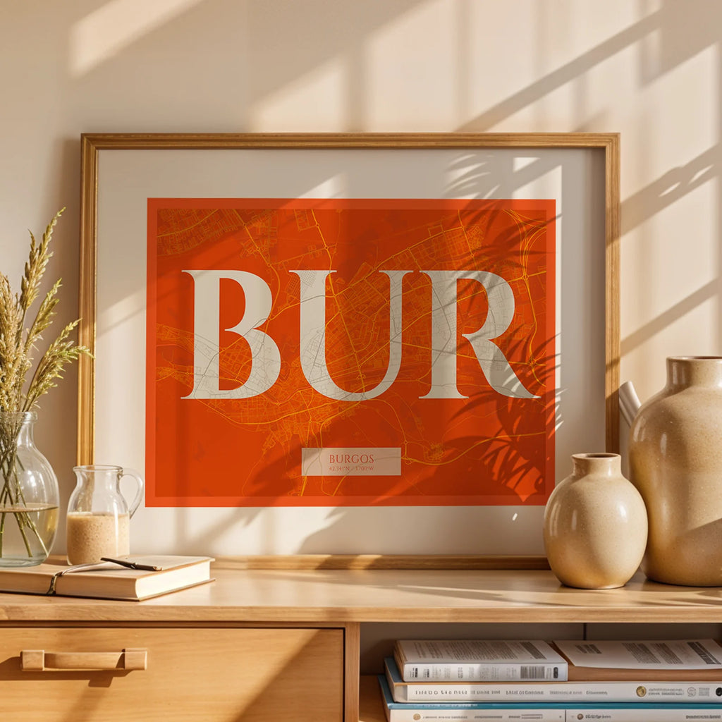 Modern interior design with a Burgos in Classic design, inspired by chiseled typography with an elegant font that creates a beautiful visual contrast designed in orange and an off-white background, displayed on a living room wall