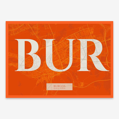 The map of Burgos composed with letters in serif font printed on orange and an off-white background