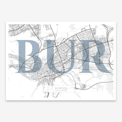 The map of Burgos composed with letters in serif font printed on black and white