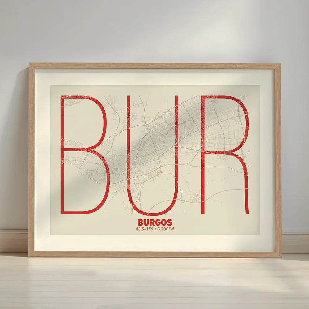 Framed Burgos in Ultralight design, a minimalist aesthetic combining urban cartography with modern, extra-thin elegant lettering designed in red and an off-white background with a white margin border in a warm lit minimalist setting