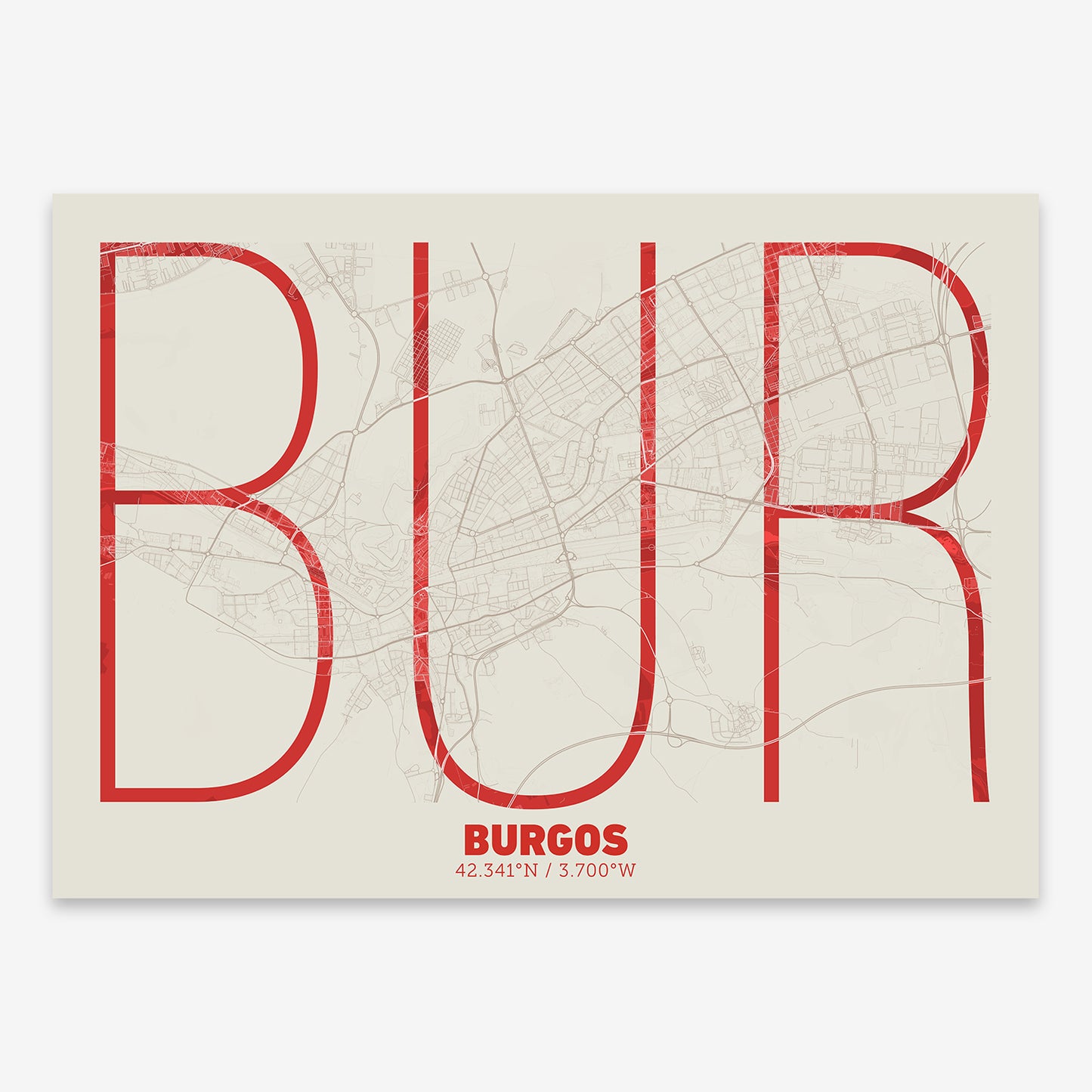 The map of Burgos composed with letters in extra light font printed on red and an off-white background