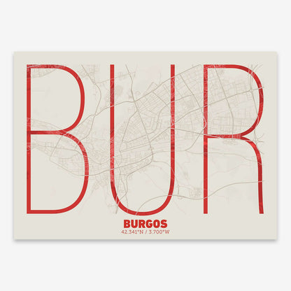 The map of Burgos composed with letters in extra light font printed on red and an off-white background