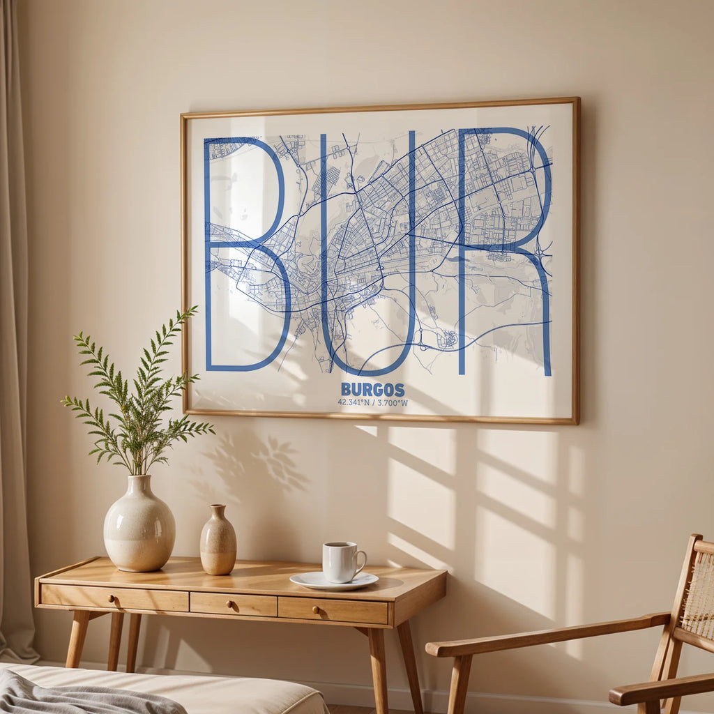 Modern interior design with a Burgos in Ultralight design, a minimalist aesthetic combining urban cartography with modern, extra-thin elegant lettering designed in navy blue and white, displayed on a living room wall