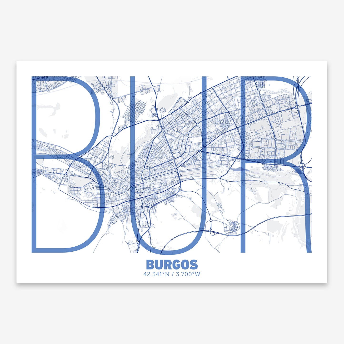 The map of Burgos composed with letters in extra light font printed on navy blue and white