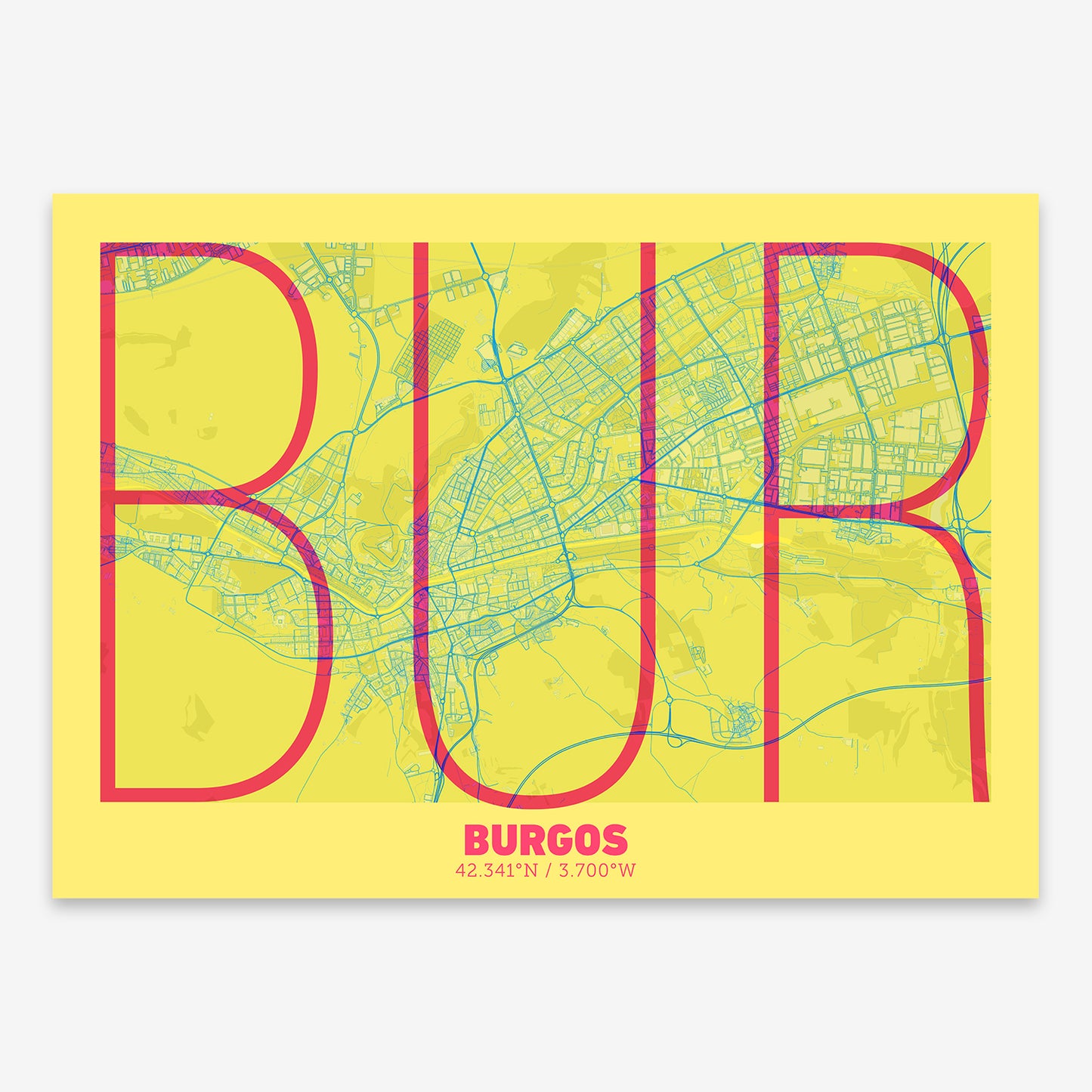 The map of Burgos composed with letters in extra light font printed on yellow and fuchsia