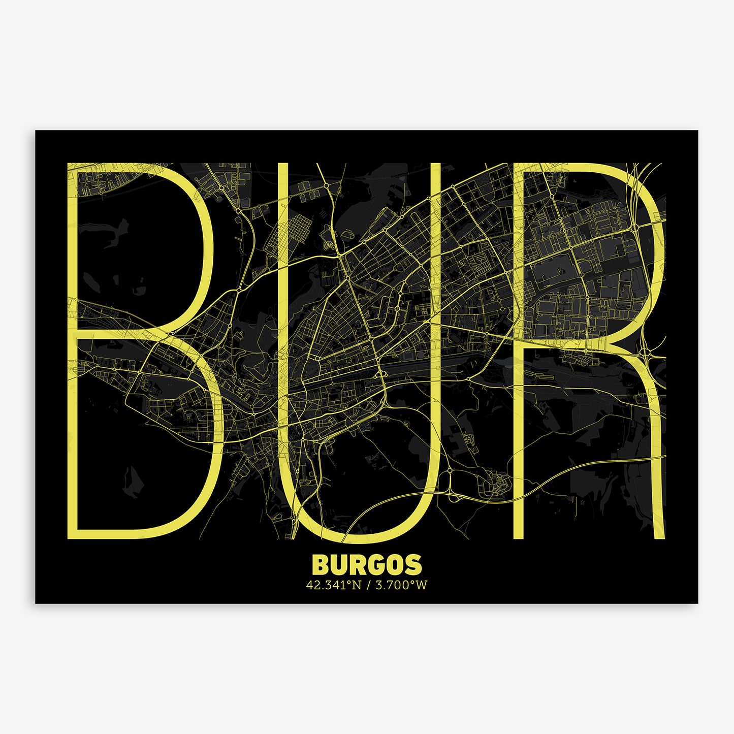 The map of Burgos composed with letters in extra light font printed on black and yellow