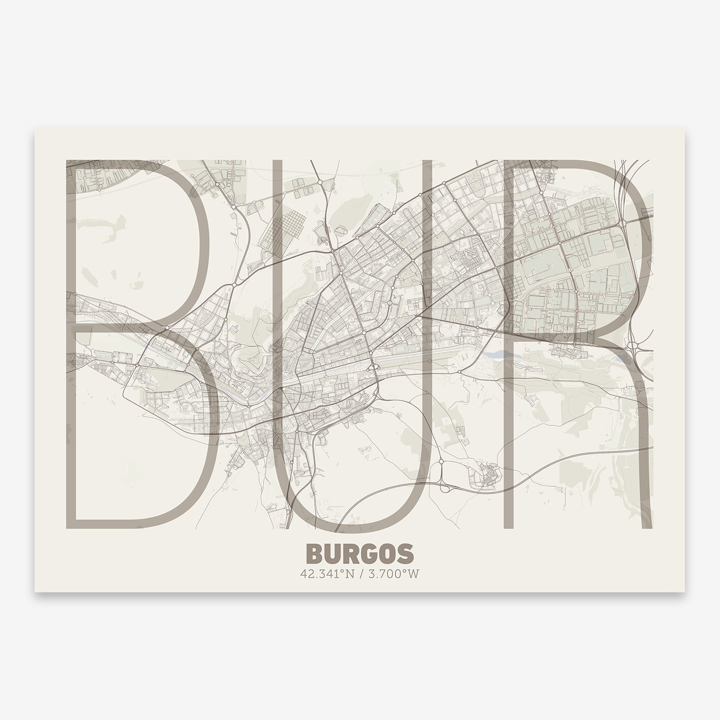 The map of Burgos composed with letters in extra light font printed on light brown and an off-white background